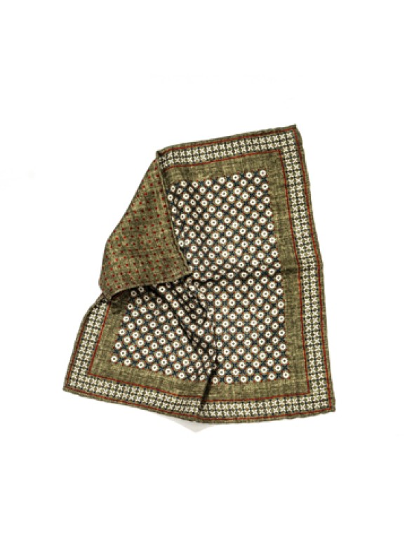 Olive Grid Neat/Dots Print Reversible Pocket Square