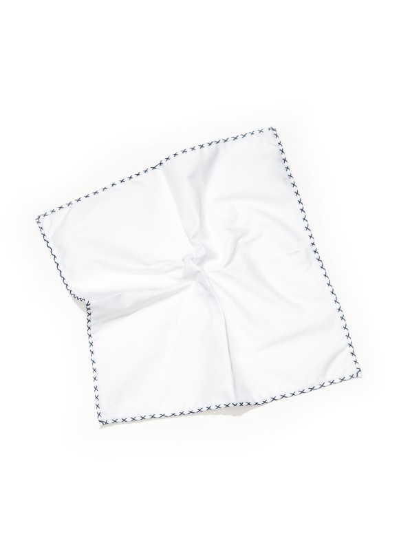 White With Navy Hem Pocket Square