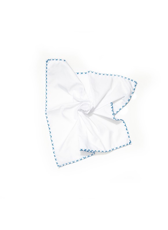 White With Blue Hem Pocket Square