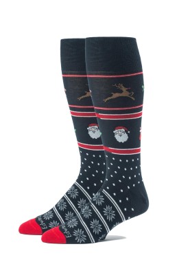 Navy Santa/Htooth Cane/Reindeer/Dots/Flakes M/C Socks 