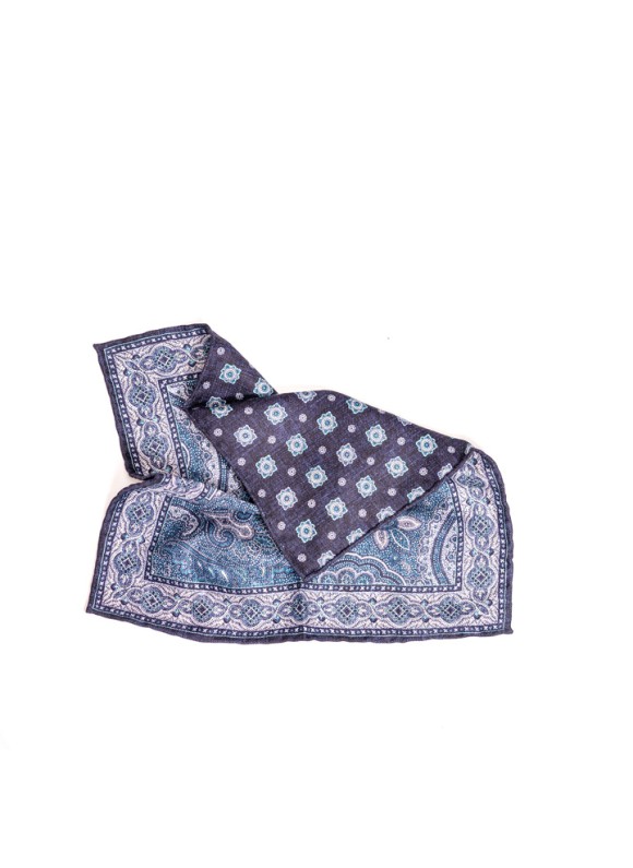 Blue Persian/Foulard Print Reversible Pocket Square