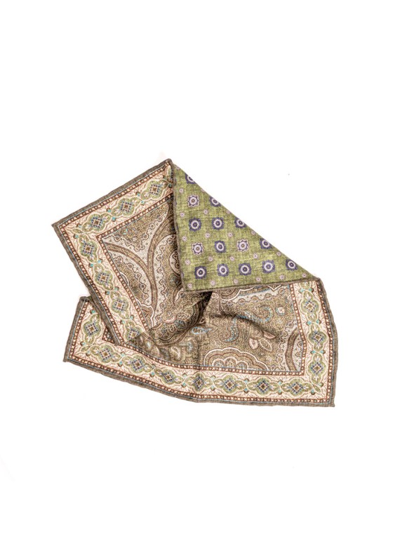 Olive Persian/Foulard Print Reversible Pocket Square