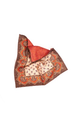 Tan/Chocolate Mini Paisley/Shadowed Dots Print Reversible Pocket Square 