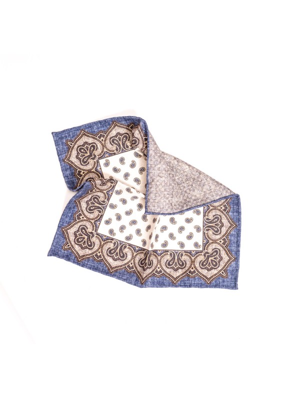 White Smoke/Denim Mini Paisley/Shadowed Dots Print Reversible Pocket Square