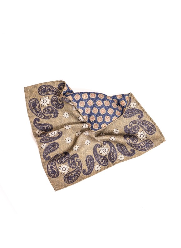 Olive Paisley/Foulard Print Reversible Pocket Square