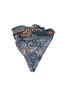 Denim/Orange Exploded Paisley/Geo Print  Silk Shappe Diamante Reversible Pocket Circle 