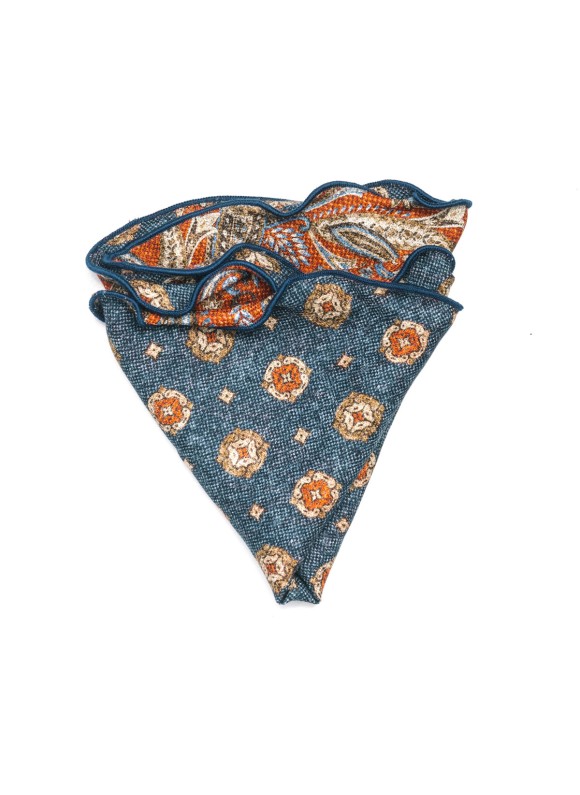 Rust/Denim Exploded Paisley/Medallions Print  Silk Shappe Diamante Reversible Pocket Circle