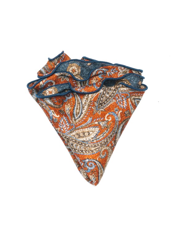 Rust/Denim Exploded Paisley/Medallions Print  Silk Shappe Diamante Reversible Pocket Circle