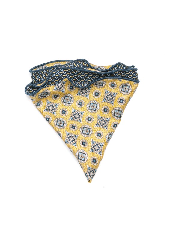 Mustard/Navy Foulard/Chain Links Print  Silk Shappe Diamante Reversible Pocket Circle