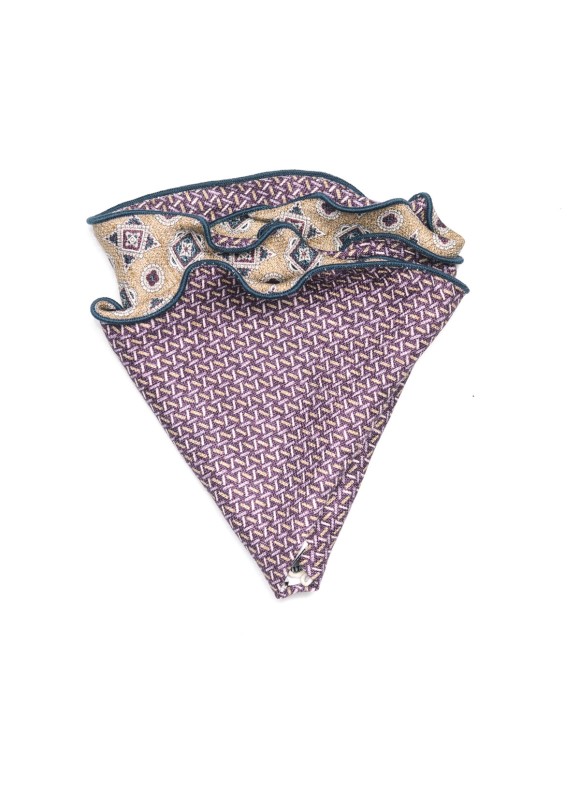 Tan/Purple Foulard/Chain Links Print  Silk Shappe Diamante Reversible Pocket Circle