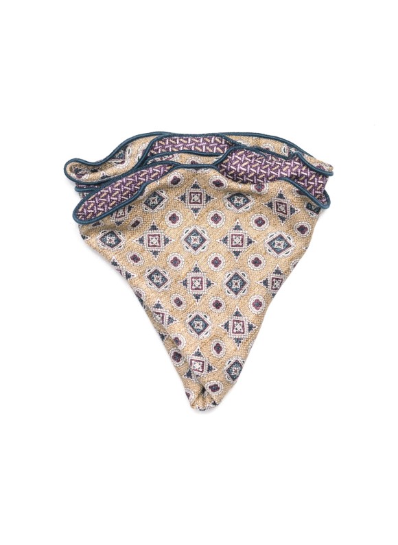 Tan/Purple Foulard/Chain Links Print  Silk Shappe Diamante Reversible Pocket Circle