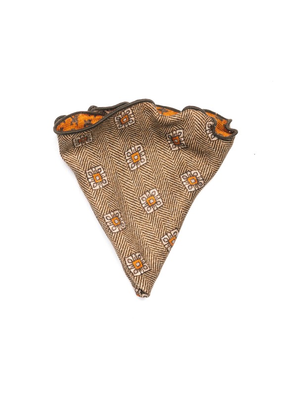 Rust Foulard/Houndstooth Print  Silk Shappe Diamante Reversible Pocket Circle