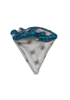 Deep Sky Foulard/Houndstooth Print  Silk Shappe Diamante Reversible Pocket Circle 