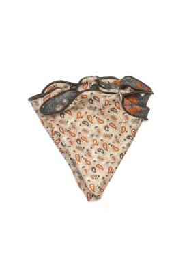 Tan/Charcoal Mini Paisley/Leaf Print  Silk Shappe Diamante Reversible Pocket Circle 