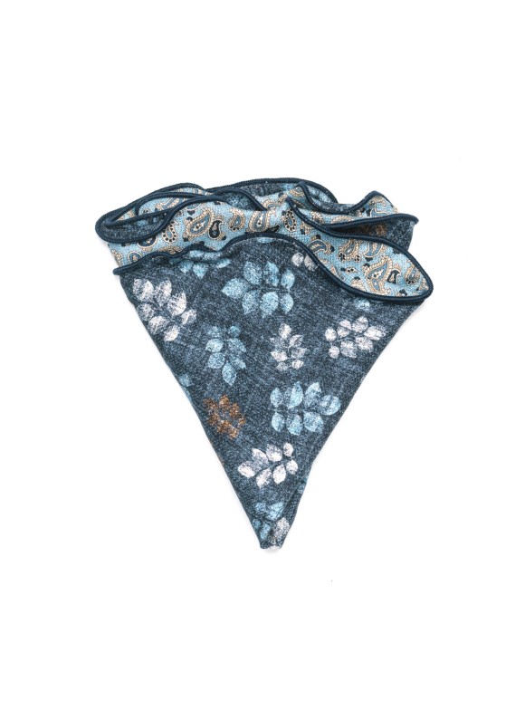 Blue/Denim Mini Paisley/Leaf Print  Silk Shappe Diamante Reversible Pocket Circle