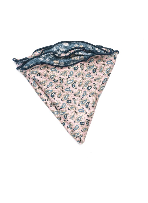 Pink/Denim Mini Paisley/Leaf Print  Silk Shappe Diamante Reversible Pocket Circle