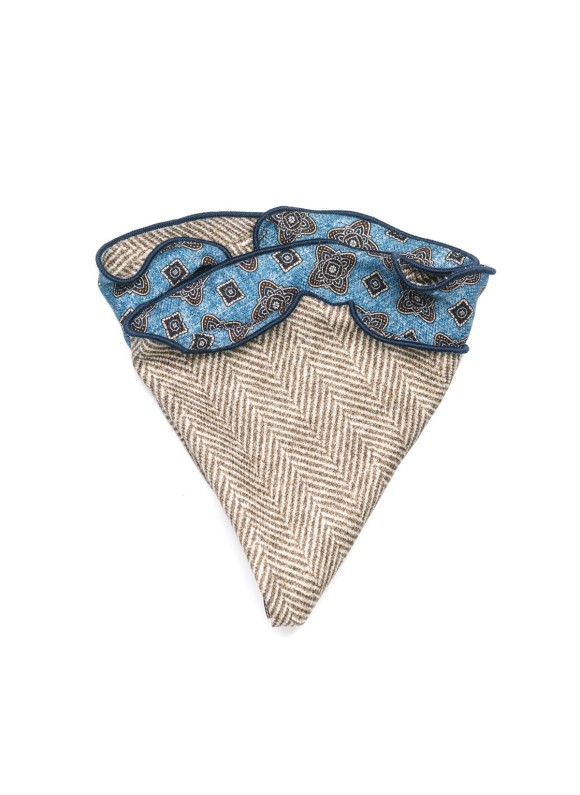  Blue/Taupe Quatrefoil Neat/Herringbone Print  Silk Shappe Diamante Reversible Pocket Circle