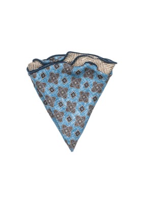  Blue/Taupe Quatrefoil Neat/Herringbone Print  Silk Shappe Diamante Reversible Pocket Circle 