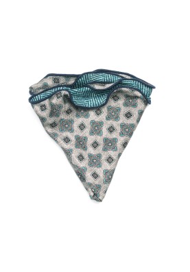  Grey/Teal Quatrefoil Neat/Herringbone Print  Silk Shappe Diamante Reversible Pocket Circle 