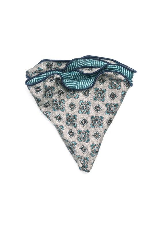  Grey/Teal Quatrefoil Neat/Herringbone Print  Silk Shappe Diamante Reversible Pocket Circle