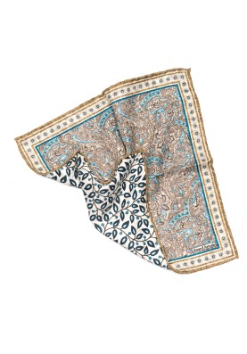 Beige/Blue Exploded Paisley Print Reversible Pocket Square 