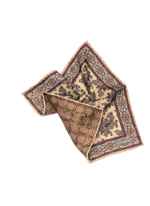 Tan Paisley Print Reversible Pocket Square