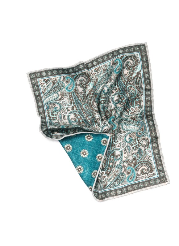 Brown/Teal Exploded Paisley Print Reversible Pocket Square