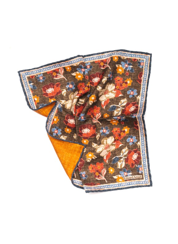 Brown Floral Print Reversible Pocket Square