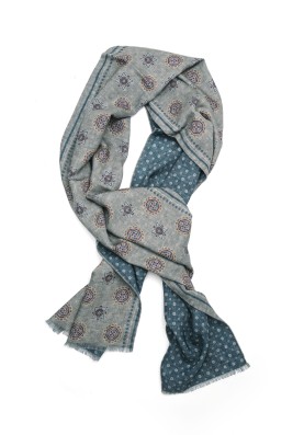 Grey/Denim Medallion/Neat Reversible Wool Scarf 