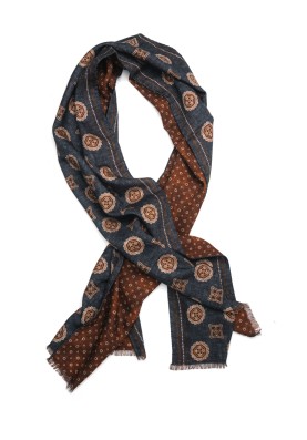 Denim/Cinnamon Medallion/Neat Reversible Wool Scarf 