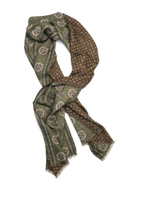 Olive/Brown Medallion/Neat Reversible Wool Scarf 