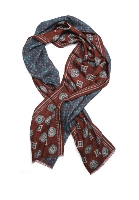 Maroon/Denim Medallion/Neat Reversible Wool Scarf 