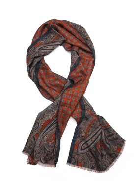 Red Exploded Paisley/Geo Neat Reversible Wool Scarf 