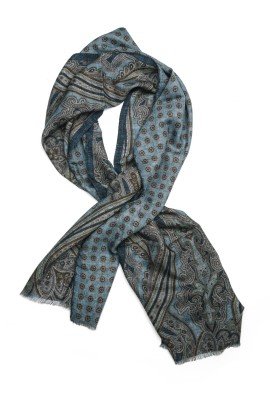 Blue Exploded Paisley/Geo Neat Reversible Wool Scarf 