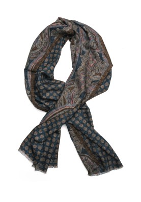 Denim Exploded Paisley/Geo Neat Reversible Wool Scarf 