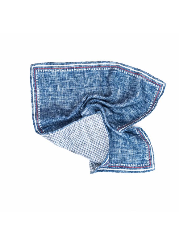 Denim Blue Solid/Gingham Print Reversible Pocket Square