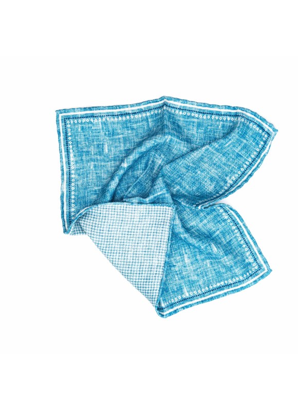 Blue Solid/Gingham Print Reversible Pocket Square