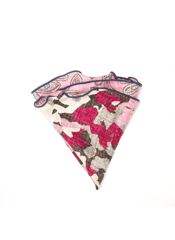 Pink Elongated Paisley/Camo Print Silk Shappe Diamante Reversible Pocket Circle