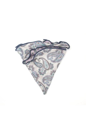 Grey Paisley/Neat Print Silk Shappe Diamante Reversible Pocket Circle 