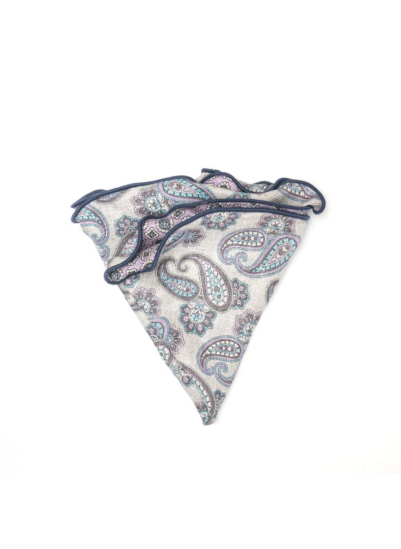 Grey Paisley/Neat Print Silk Shappe Diamante Reversible Pocket Circle