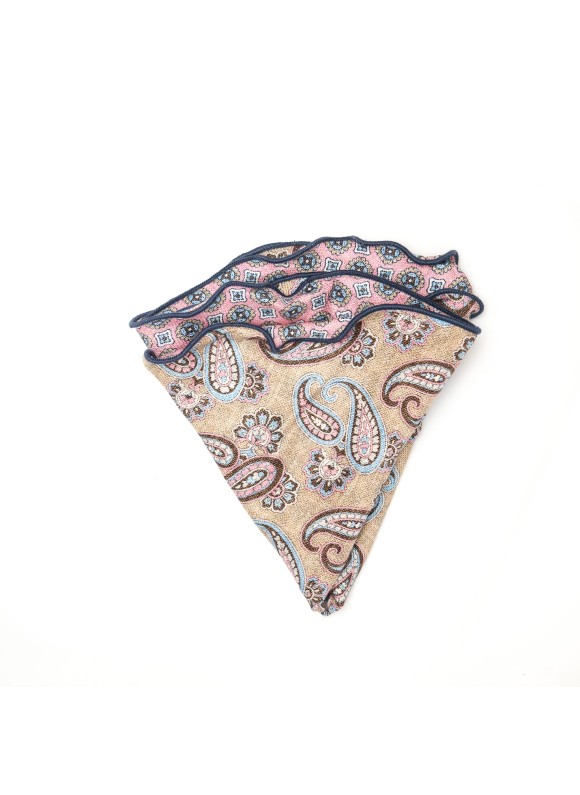 Tan Paisley/Neat Print Silk Shappe Diamante Reversible Pocket Circle