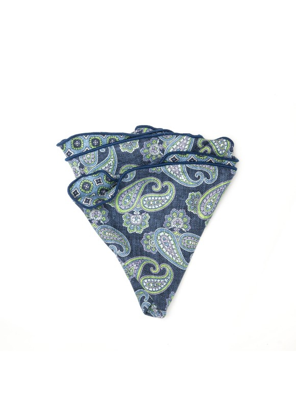 Navy Paisley/Neat Print Silk Shappe Diamante Reversible Pocket Circle