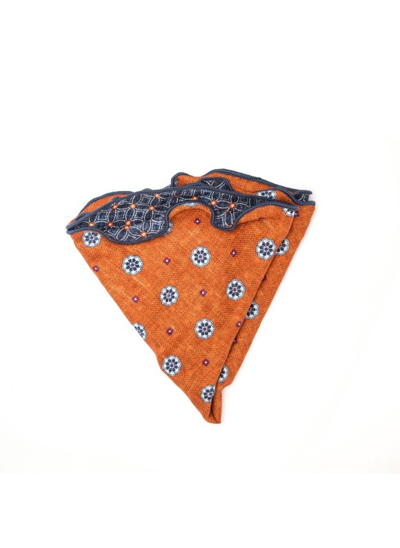 Rust Floral Neat/ Print Silk Shappe Diamante Reversible Pocket Circle