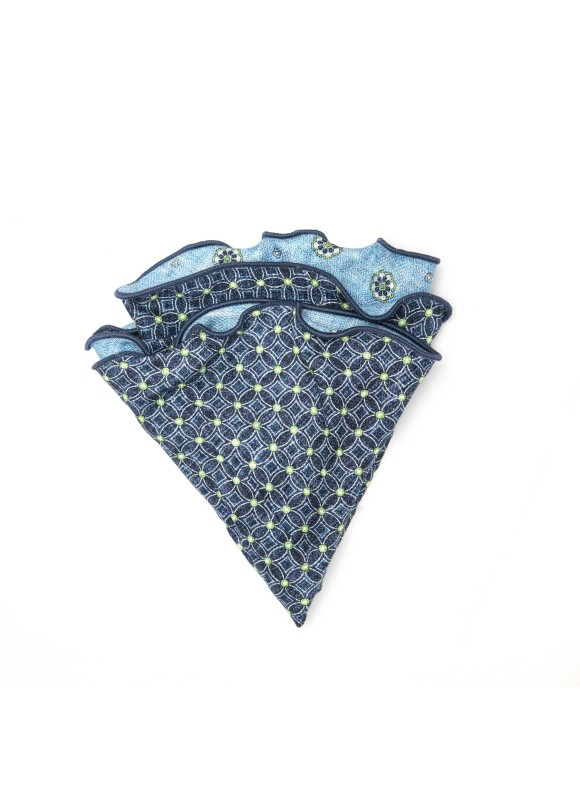 Blue Floral Neat/ Print Silk Shappe Diamante Reversible Pocket Circle