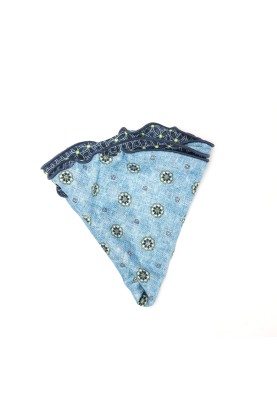 Blue Floral Neat/ Print Silk Shappe Diamante Reversible Pocket Circle 