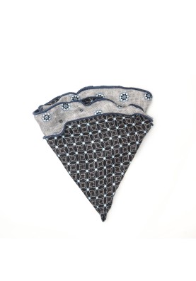 Grey Floral Neat/ Print Silk Shappe Diamante Reversible Pocket Circle 