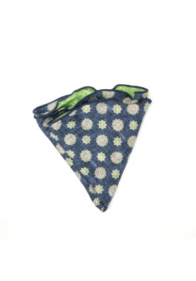 Navy/Spring Green Medallions/Floret Neat Print Silk Shappe Diamante Reversible Pocket Circle 