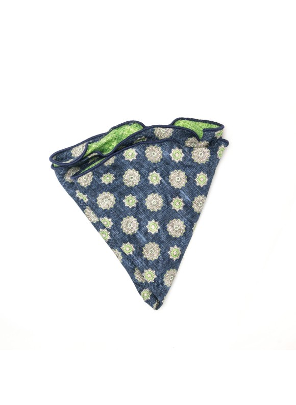 Navy/Spring Green Medallions/Floret Neat Print Silk Shappe Diamante Reversible Pocket Circle