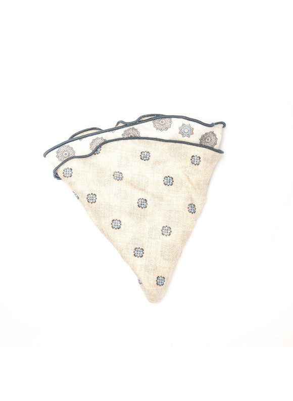 Beige/Sky Blue Medallions/Floret Neat Print Silk Shappe Diamante Reversible Pocket Circle