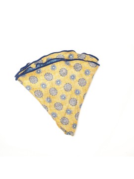 Mustard/Chambray Medallions/Floret Neat Print Silk Shappe Diamante Reversible Pocket Circle